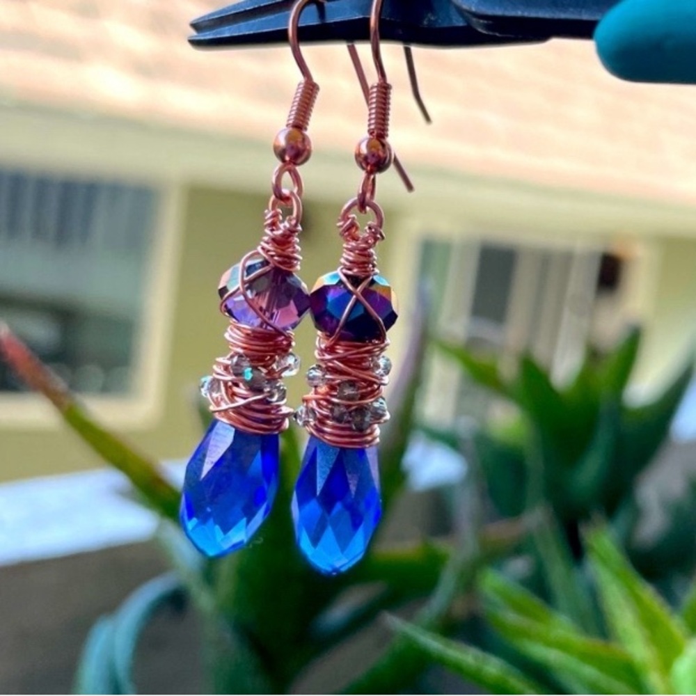 Blue Austrian Crystal Hammered Copper Chaos Wrapped Earrings Artisan Designed - Picture 7 of 17